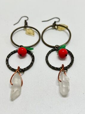 Long Gold, Enamel Cherries And Quartz Crystal Dangly Earrings, Wires